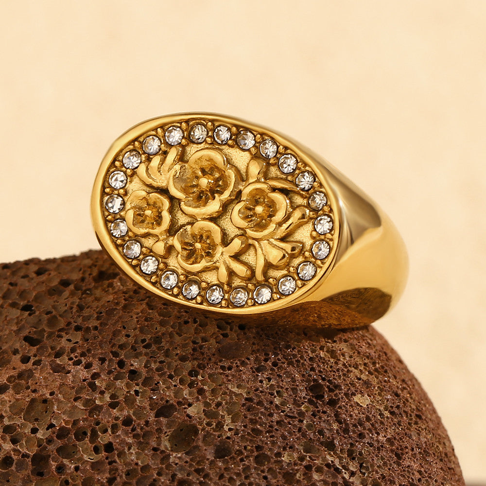 Ladies 18k Gold No Fade Stainless Steel Vintage Small Flower Waterproof Rings