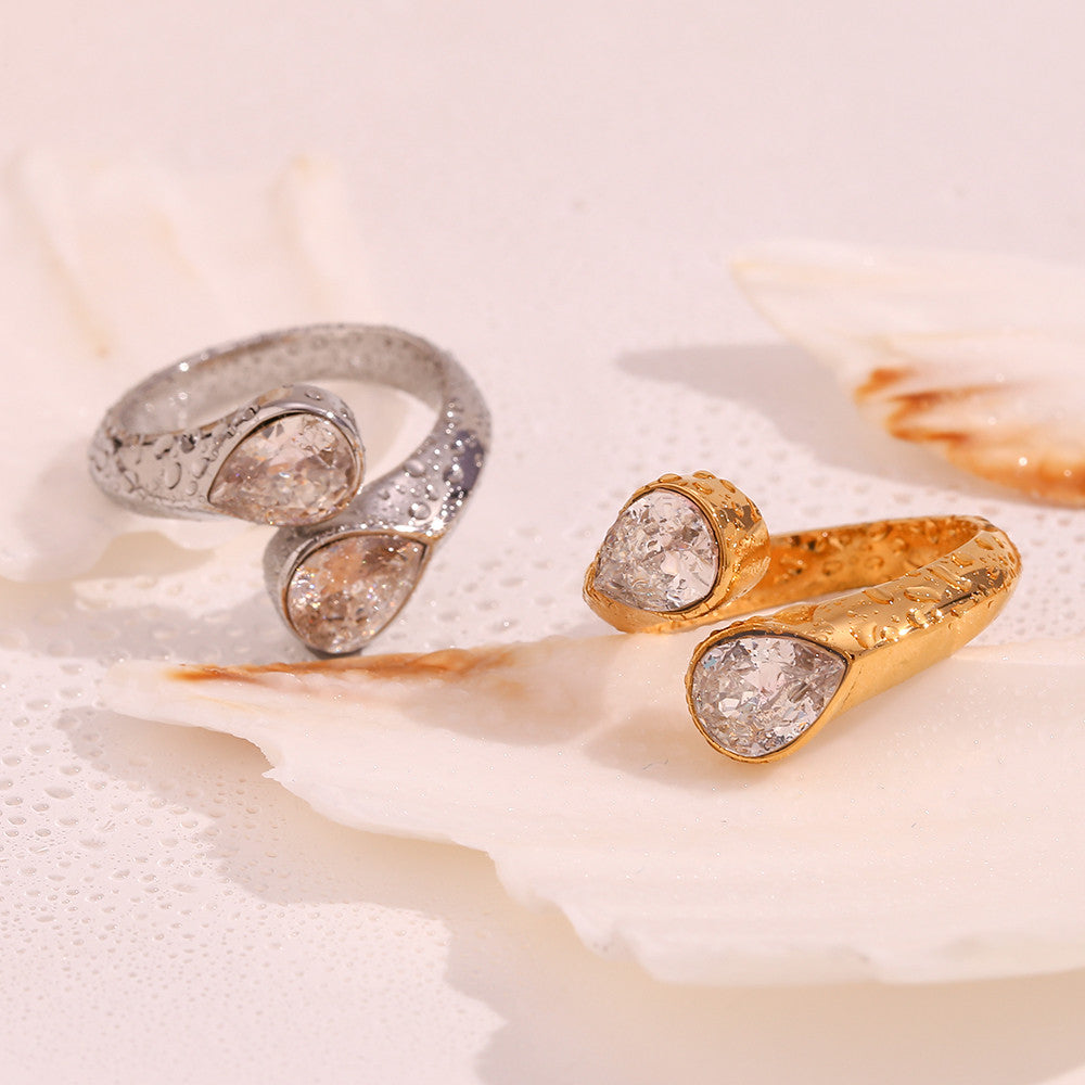Womens Double Tear Drop CZ Bling Adjustable Waterproof Stainless Steel Rings