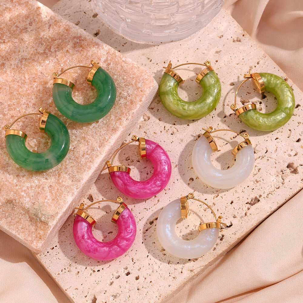Ladies Acrylic Green Pink White Chunky 18k Gold Stainless Steel Acrylic Hoop Earrings