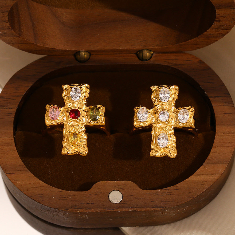 Womens Luxury 18k Gold Multicolor CZ Stainless Steel Waterproof Cross Ring