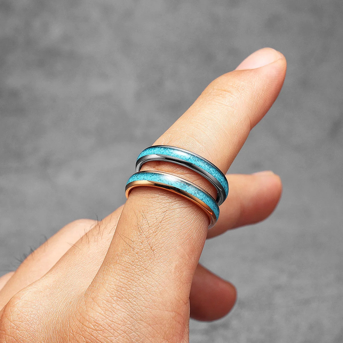 Ocean | 14k Gold Turquoise Tungsten Steel Lovers Couples Rings