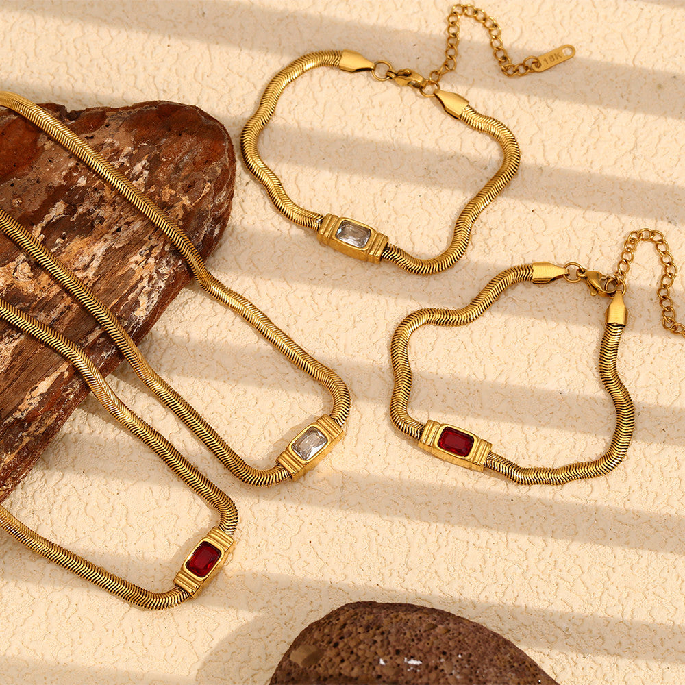 Women&#39;s 18k Gold Stainless Steel Waterproof Classic White/Red CZ Necklace Bracelet Set