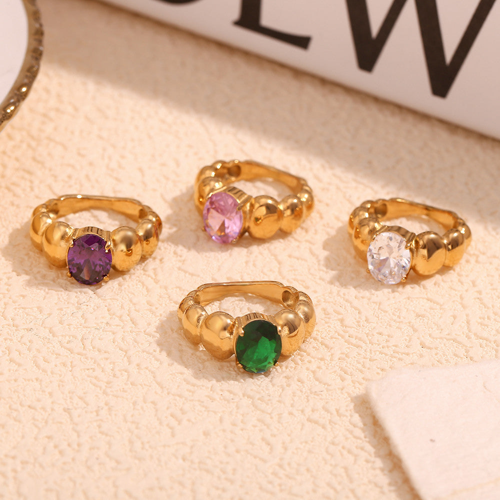 Ladies 18k Gold 316L No Fade Stainless Steel CZ Stone Round Bubble Rings