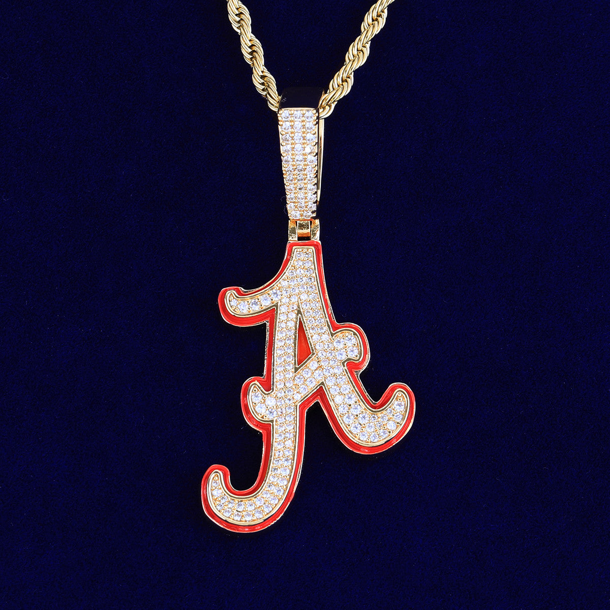 Initial A | Red Oil VVS Diamond CZ  Hip Hop Cursive A Prong Set Stone Pendant