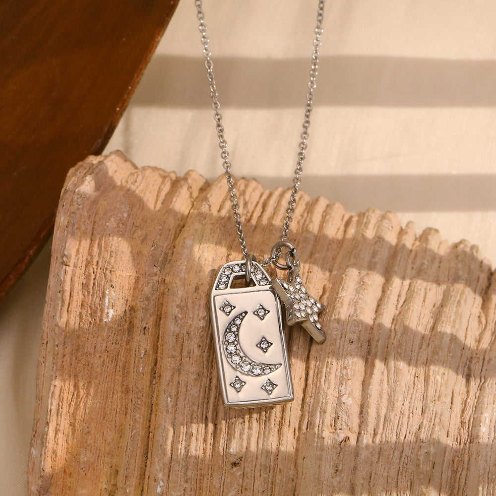 18K Gold Waterproof Stainless Steel Square CZ Moon Star Bling Tarnish Free Pendant