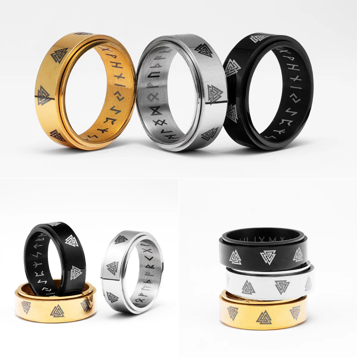 Odin's Triangle | 14k Gold Black Silver Rotating  Spinner Men Mythical Rings