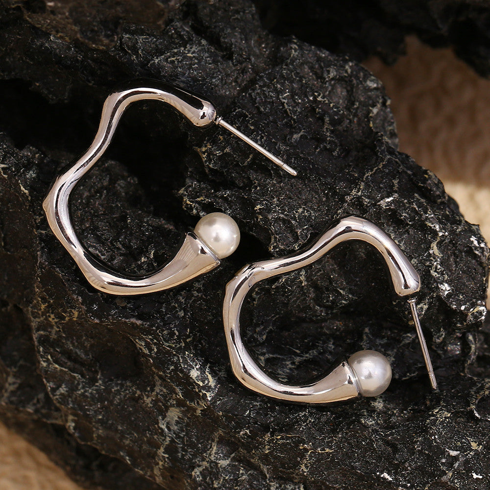 Ladies 18k Gold Silver No Fade Stainless Steel Smooth C-shaped Pearl Earrings