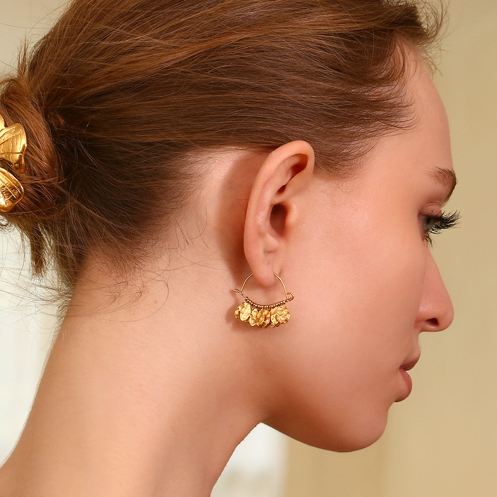 Stainless Steel 18k Gold Elegant Hammered Leaf Pattern Designer Style Earrings