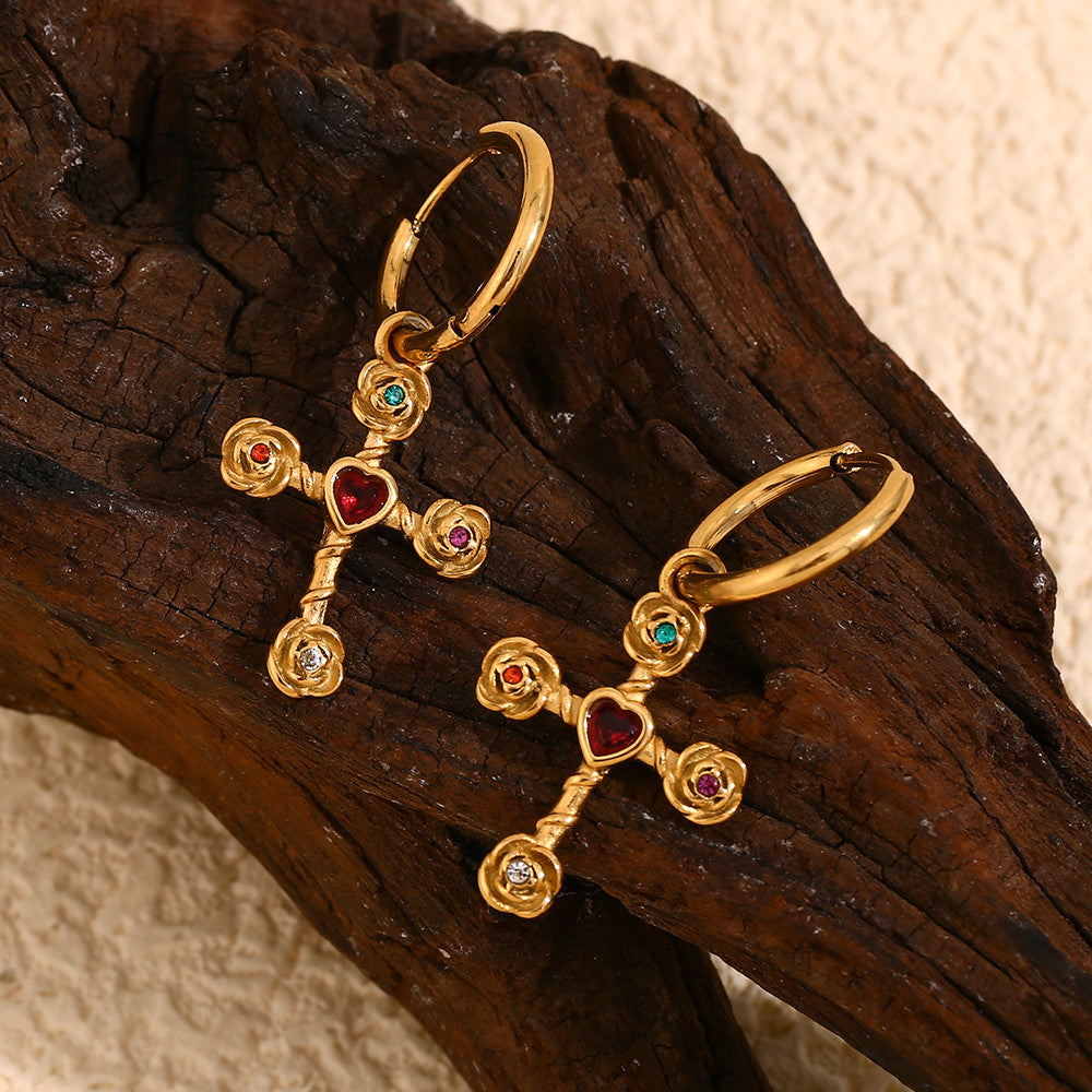 18k Gold Waterproof Stainless Steel Colorful CZ Rose Flower Cross Necklace Earring Ring Set