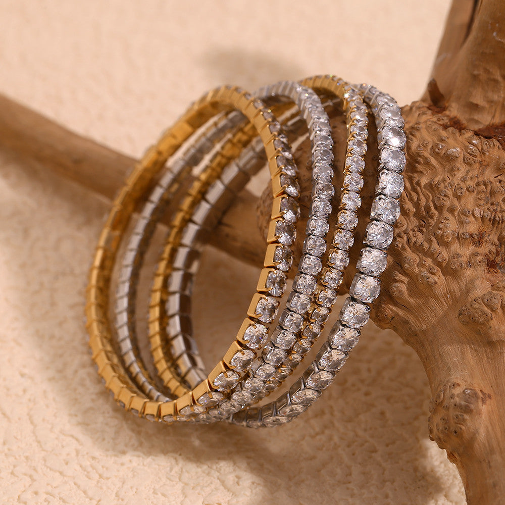 Waterproof No Fade 18k Gold Stainless Steel 3mm 4mm Elastic Square Zircon Bracelet