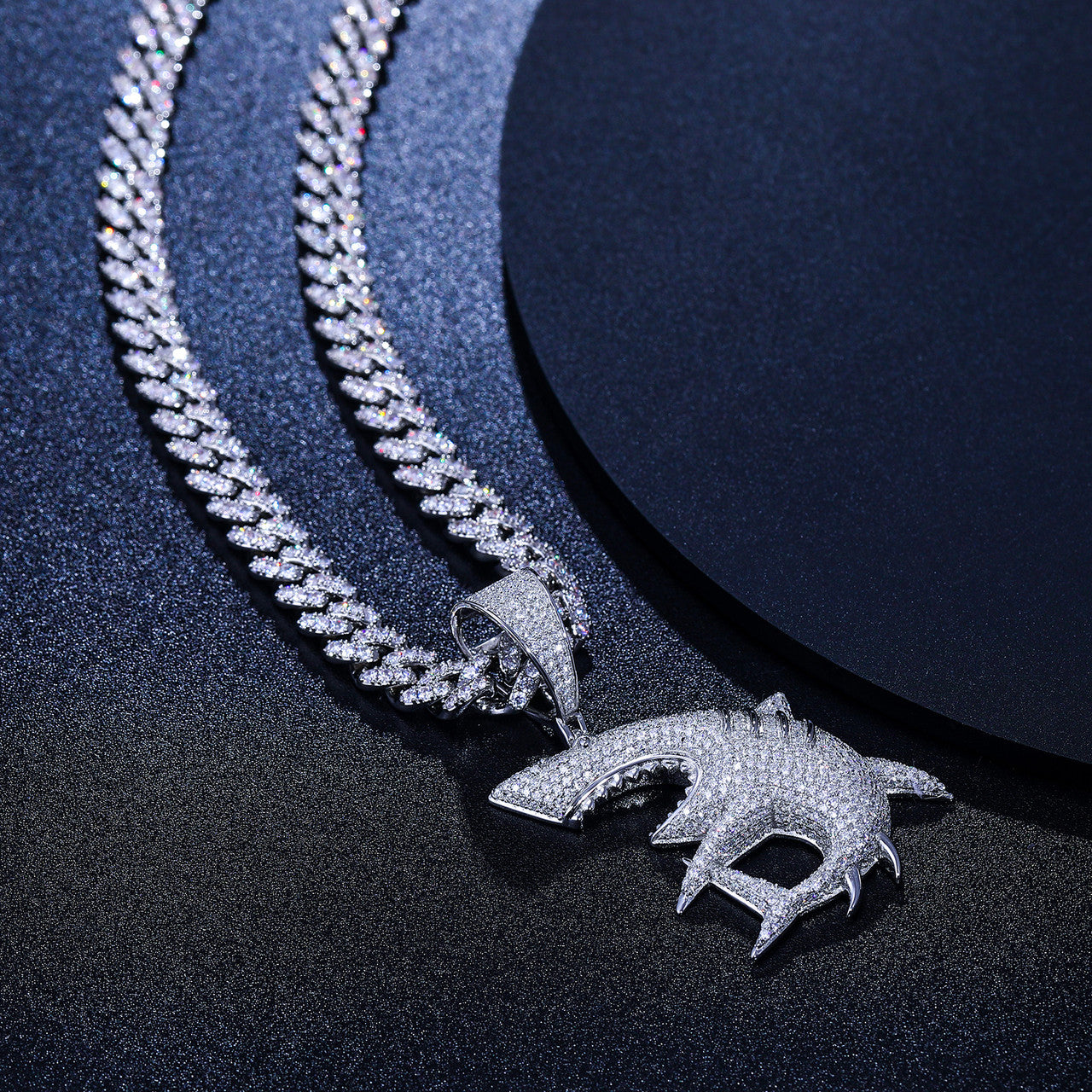 Shark Strike | Sterling Silver VVS Diamond Stones Great White Shark Iced Pendant