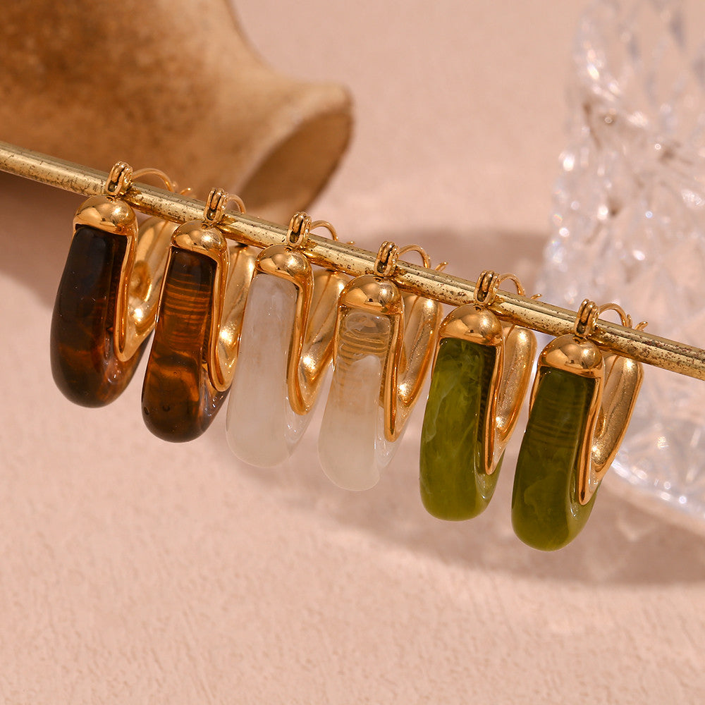 18k Gold Water Resistant Textured Acrylic Amber White Gold Stainless Steel Earrings