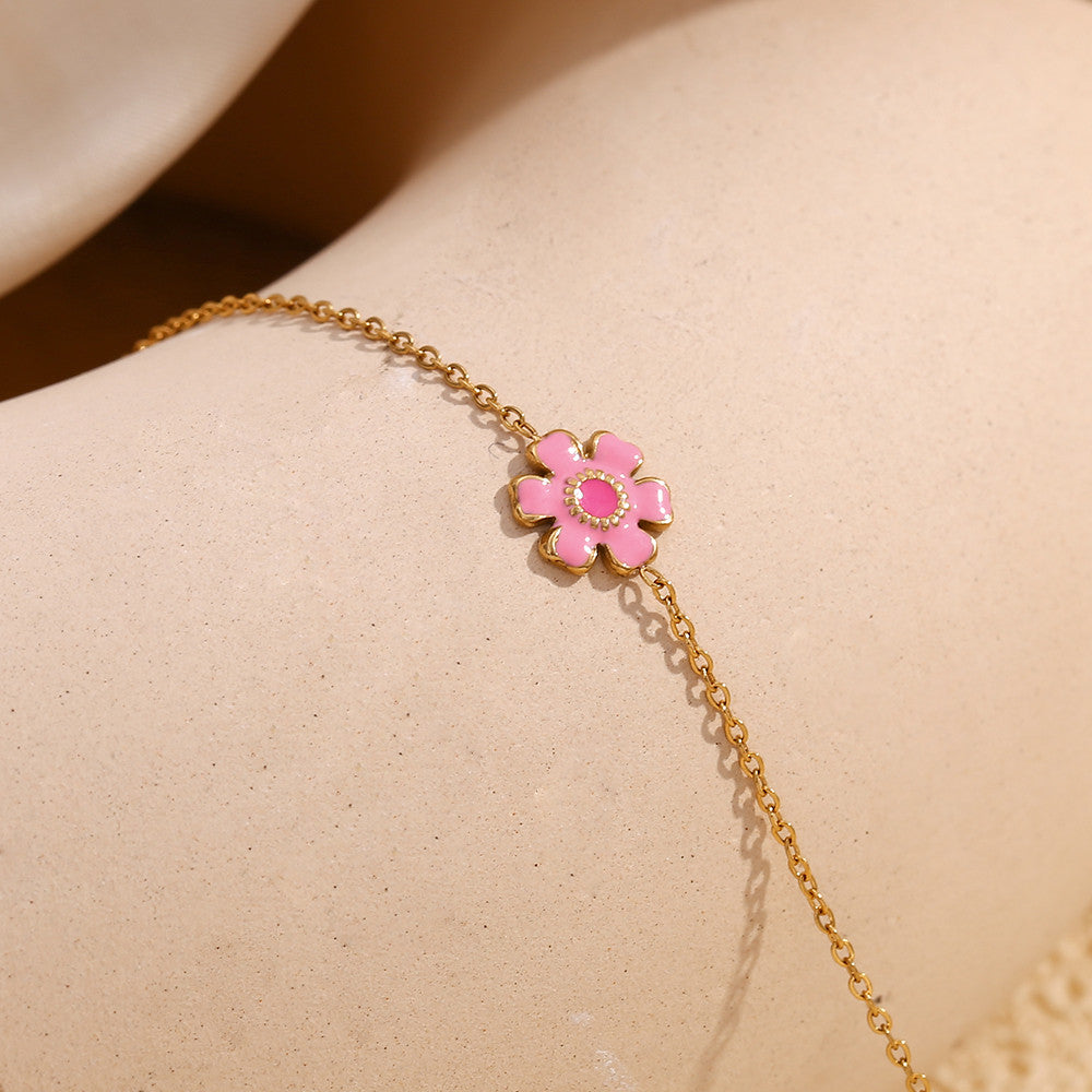 Waterproof Dainty Enamel Flower 18k Gold Stainless Steel Charm Bracelets