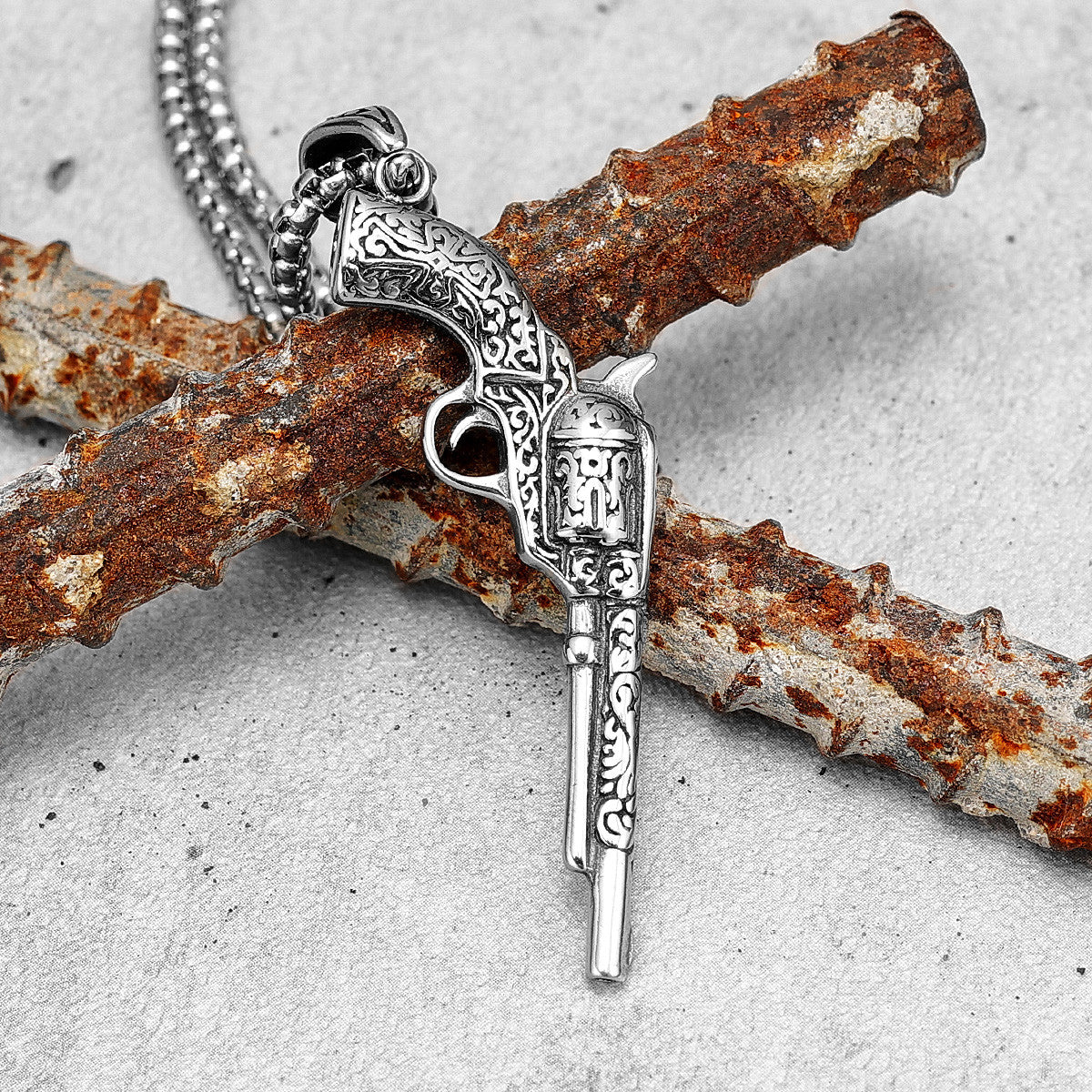 The Revolver | Vintage Engraved 316L No Fade Stainless Steel Revolver Hip Hop Pendant