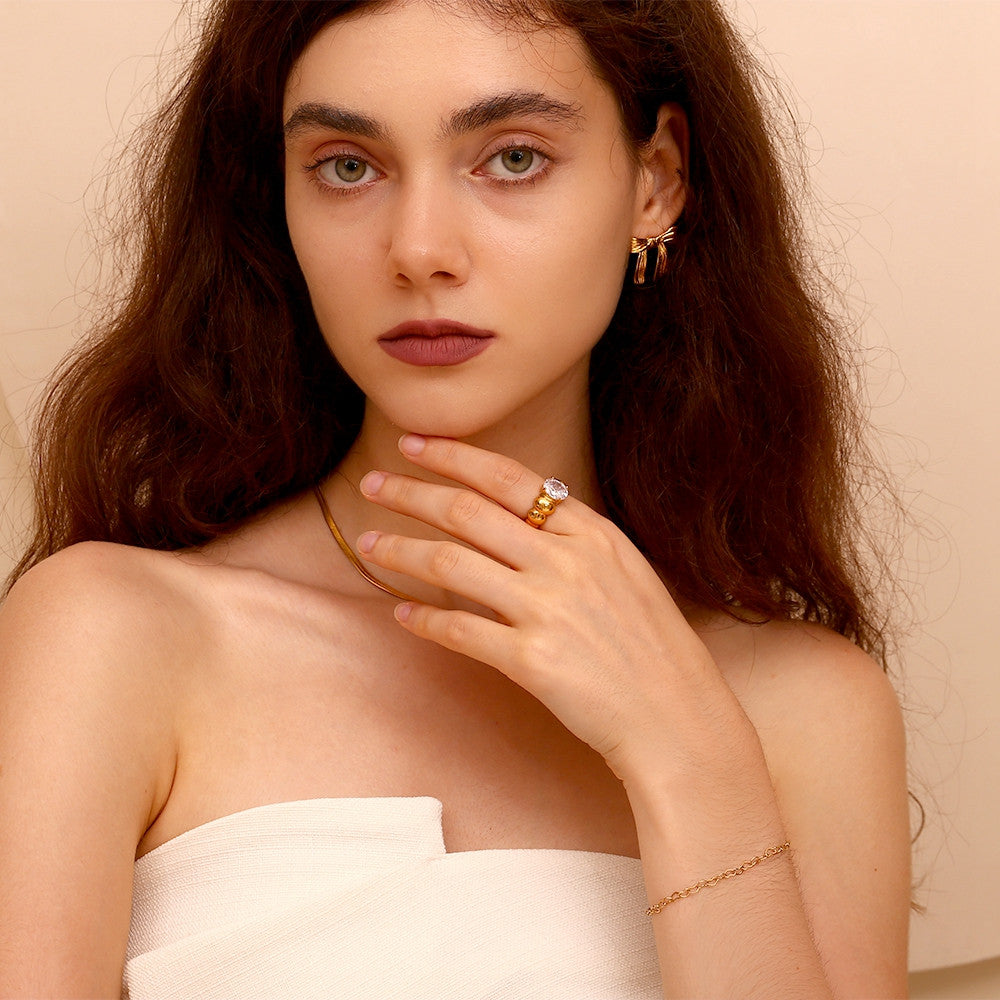 Ladies 18k Gold 316L No Fade Stainless Steel CZ Stone Round Bubble Rings