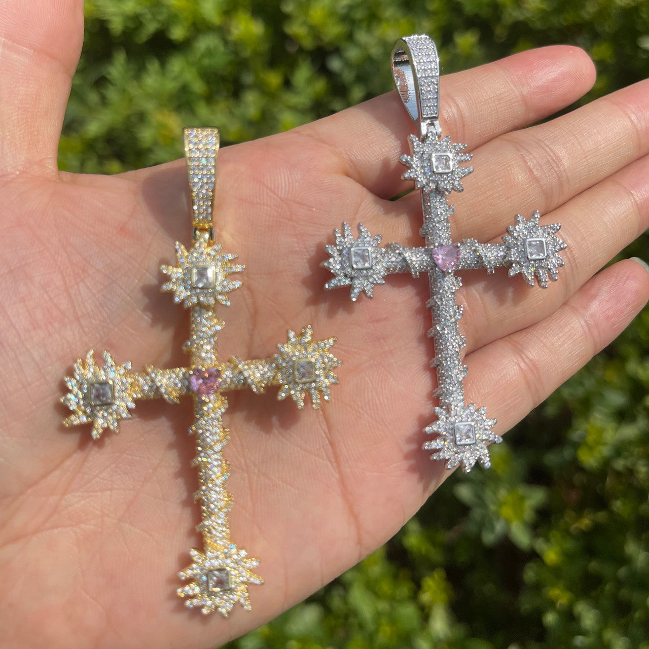 Pink Passion  | Prong Set Center Stone Heart Cross Iced Pendant Necklace