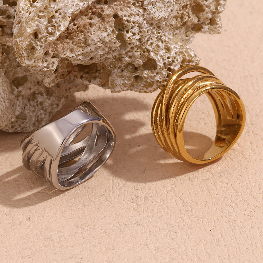 Ladies 18k Gold Silver No Fade Stainless Steel Irregular Woven Winding Waterproof Rings