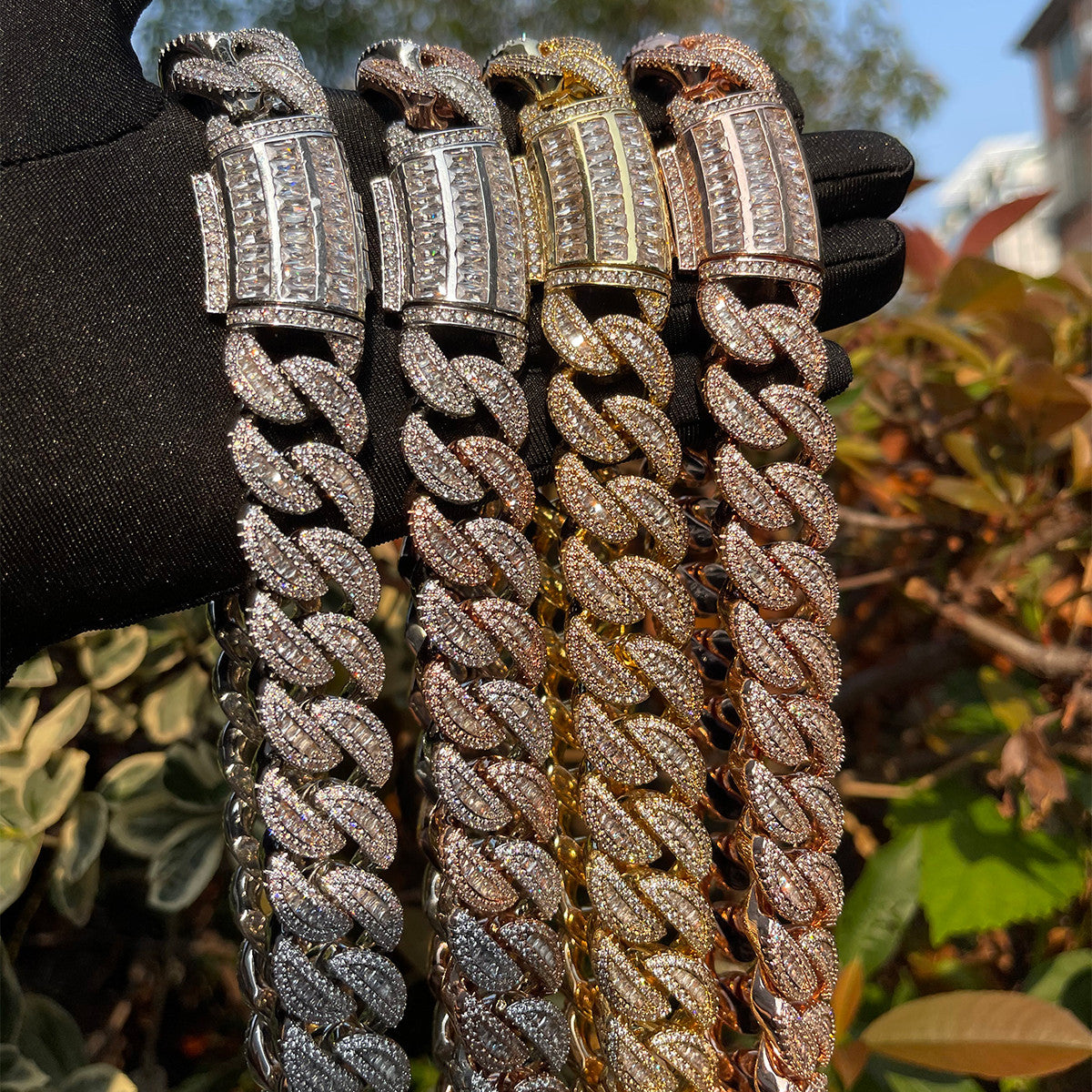 Mens Iced Blinged Out Baguette Clasp Hip Hop Cuban Link Starboy Chain Necklace