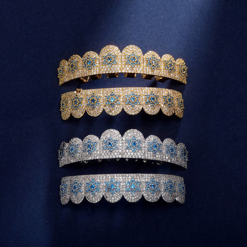Six Star | VVS Diamond CZ Hip Hop Blue Stone Hip Hop Mouth Teeth Grillz Caps Set