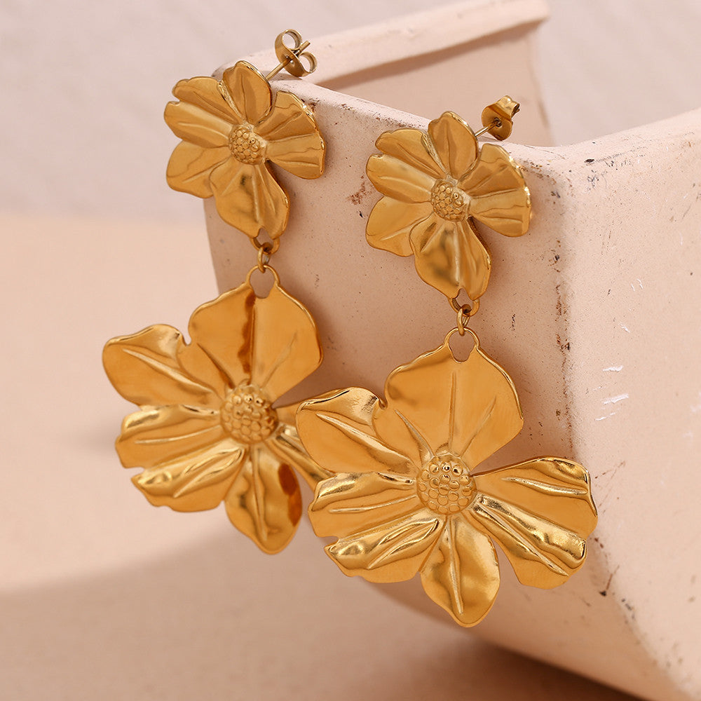 18k Gold Two Flower Stitching Drop Waterproof Tarnish Free Stainless Steel Earrings