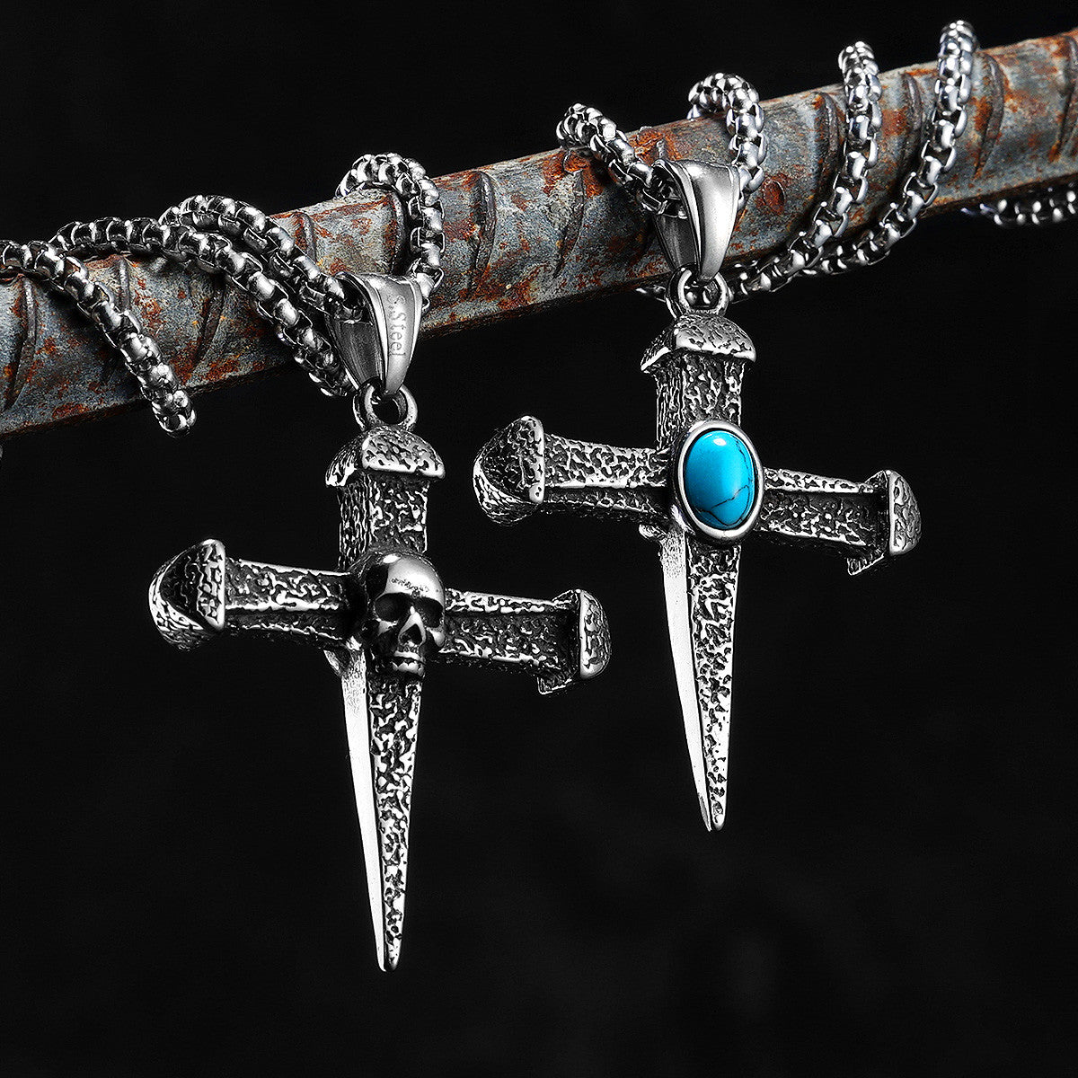 Turquoise Gem Skull | No Fade Stainless Steel Ancient Street Wear Cross Pendant
