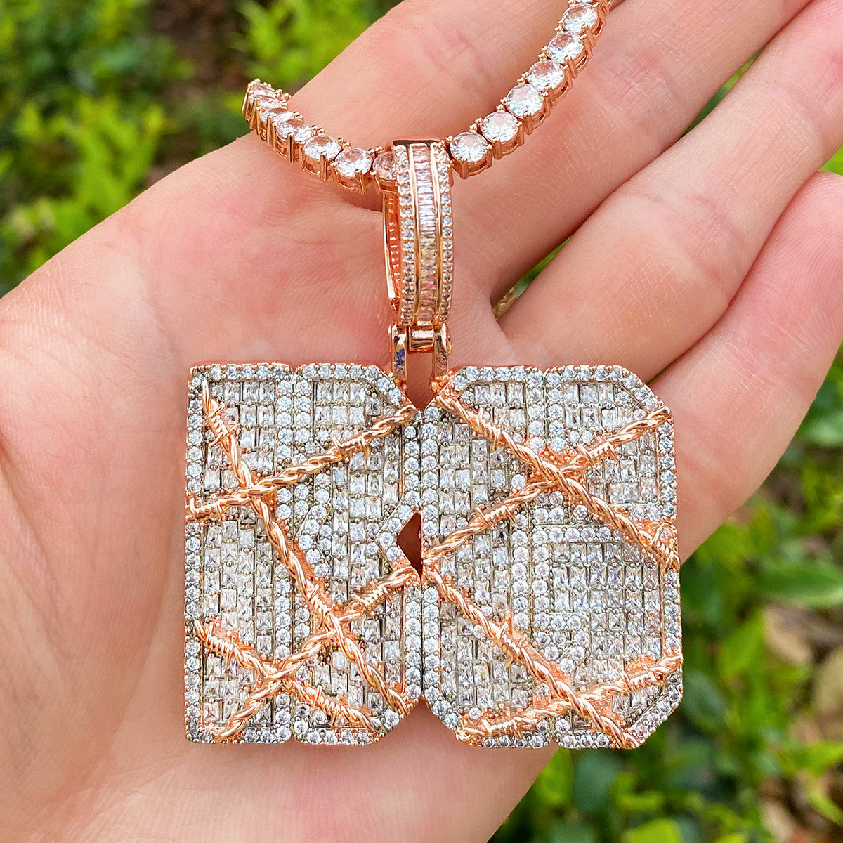 Cant Hold Me | Barbed Wire VVS Diamond CZ Baguette Stone Custom Name Plate Pendant