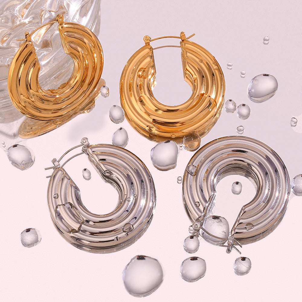 Silver Stainless Steel 18k Gold Waterproof Large Big Textured Circles Hoop Earrings