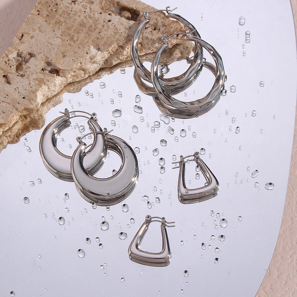 Ladies Silver No Fade Waterproof Stainless Steel Hollow Geometric Round Trapezoid Hoop Earrings