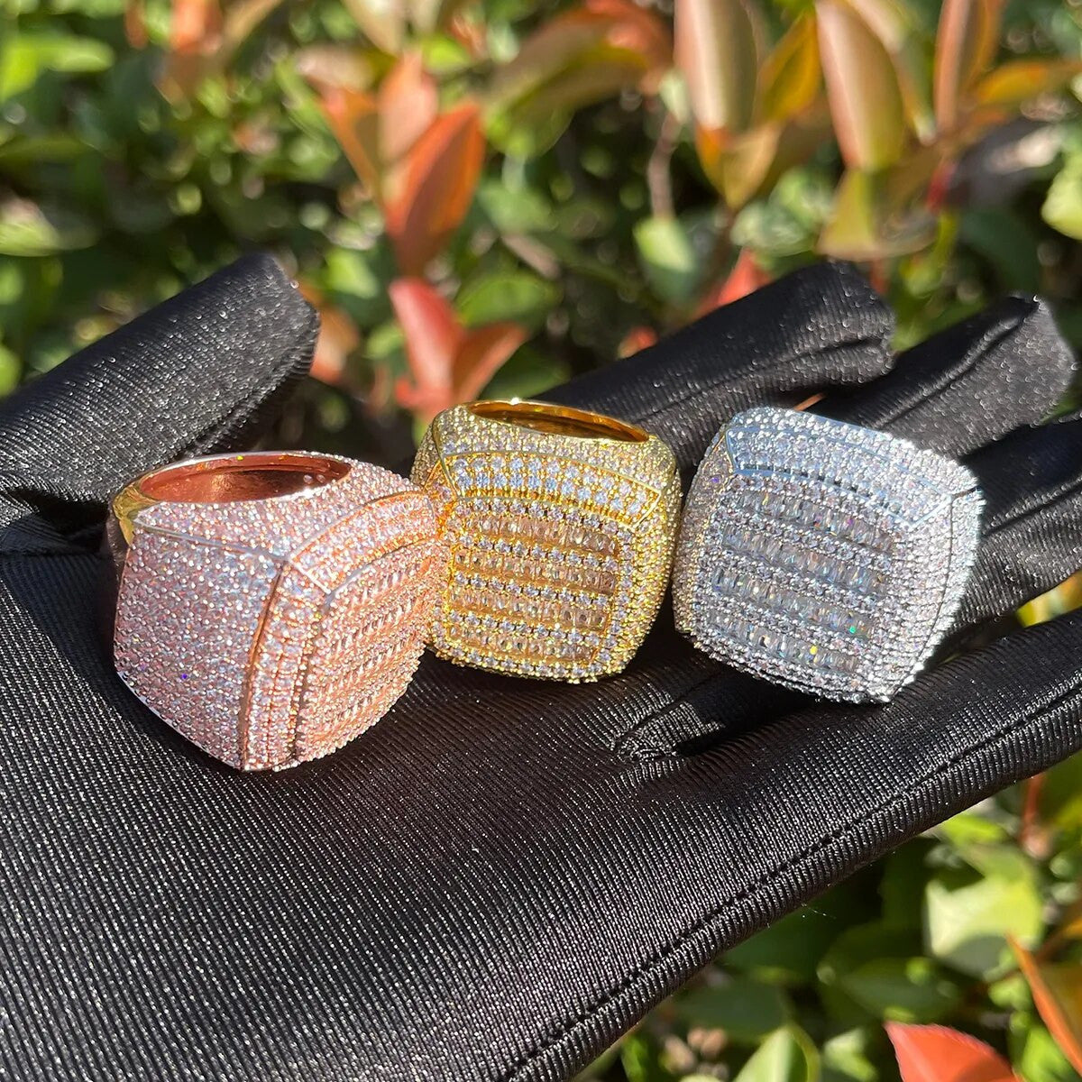 Mens 24k 925 Silver Rose Gold Big Boy Baguette &amp; Round Stone Hip Hop Prong Set Rings