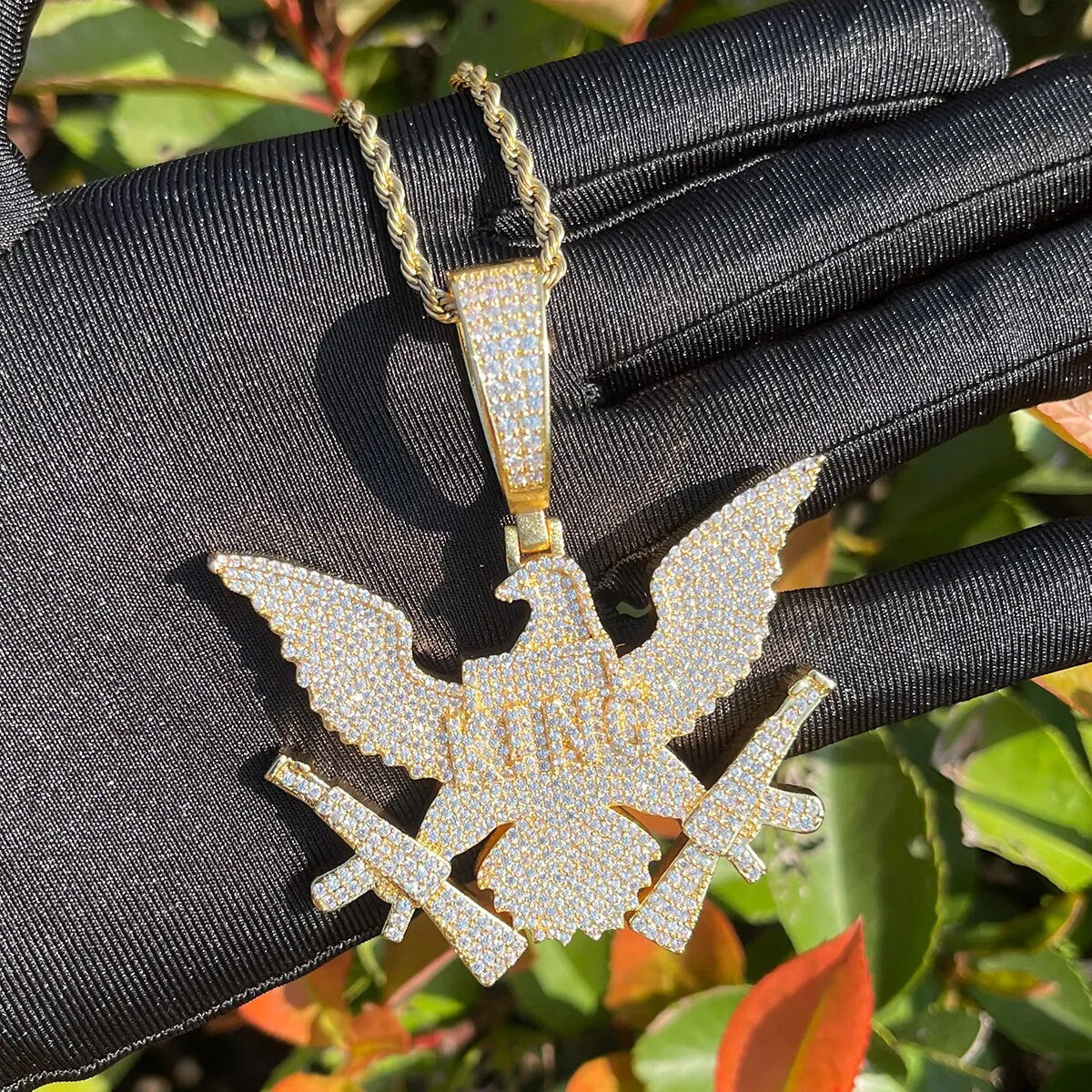 24k Gold 925 Silver Hip Hop King Eagle Holding Chopper Iced Blinged Out Pendant