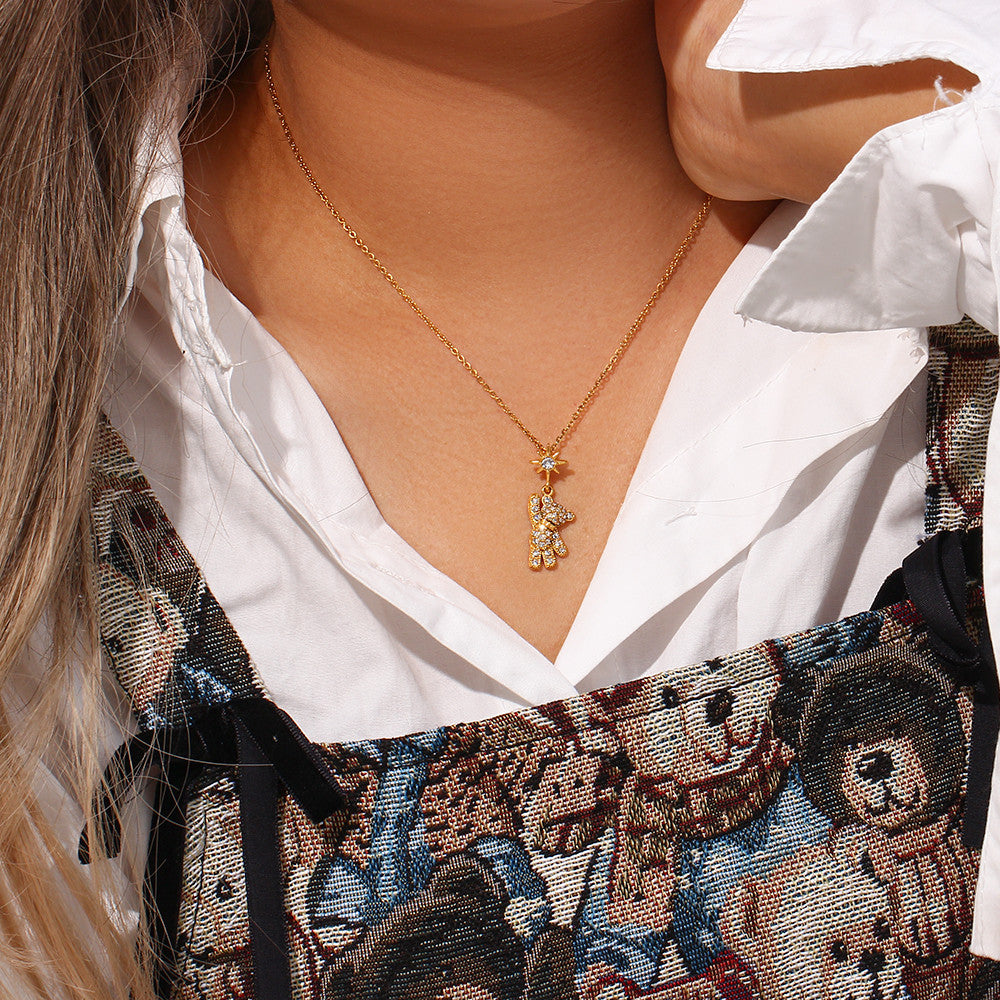 Ladies 18k Gold Rhinestone Teddy Bear Stainless Steel Waterproof Pendant Necklace