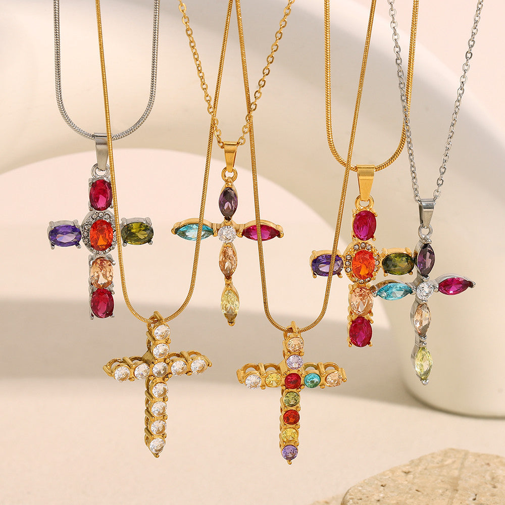 18k Gold Stainless Steel Luxury Colored CZ Cross Pendant Bling No Tarnish Women&#39;s Necklace