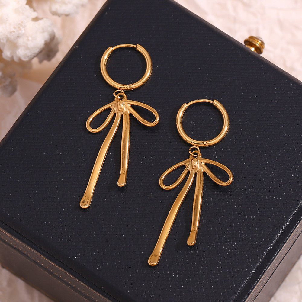 Ladies Cute Long Bow 18k Gold No Fade Waterproof Tarnish Free Hoop Dangle Earrings