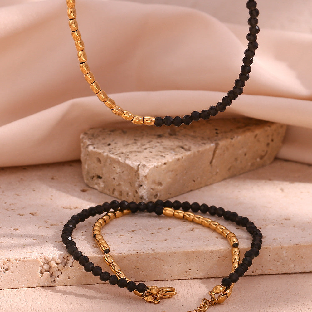 Layered Obsidian | 18k Gold No Fade Stainless Steel Beads Double Layers Wrap Necklace Bracelet Set