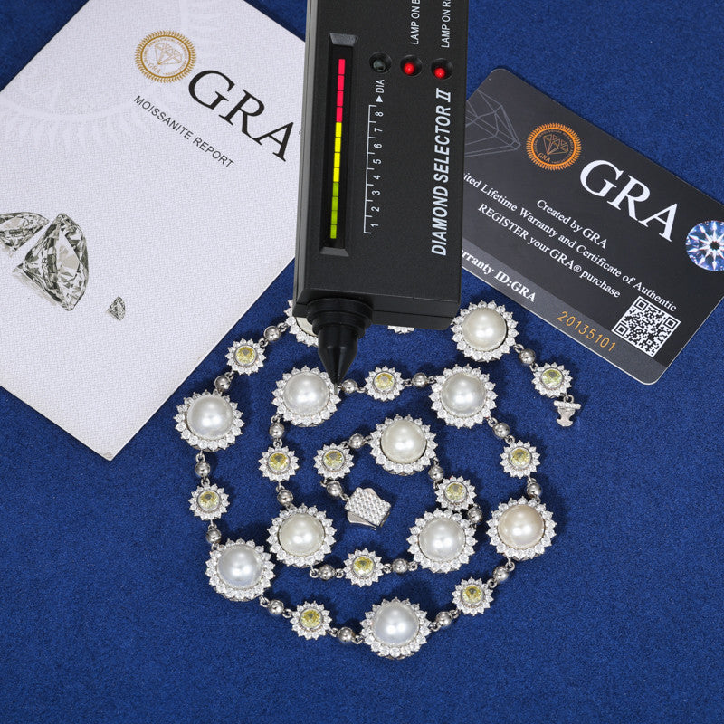 Pearl Sun | Moissanite Diamond Solid Sterling Silver Pearl Hip Hop Chain Necklace Bracelet Set