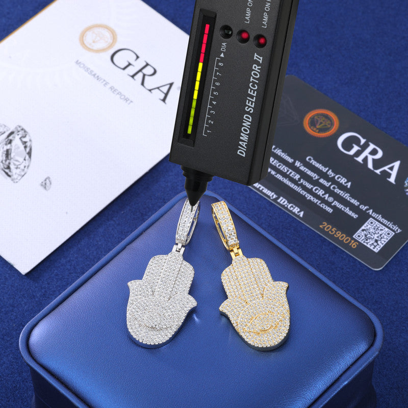 Eye Of Fatima | Solid Sterling Silver Moissanite Diamond Hamsa Hand Iced Blinged Out Pendant