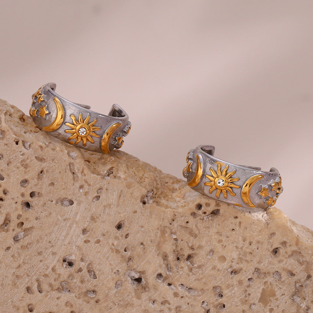 The Universe | Moon Sun Star 18k Gold Over Stainless Steel Chunky Hoop Earrings