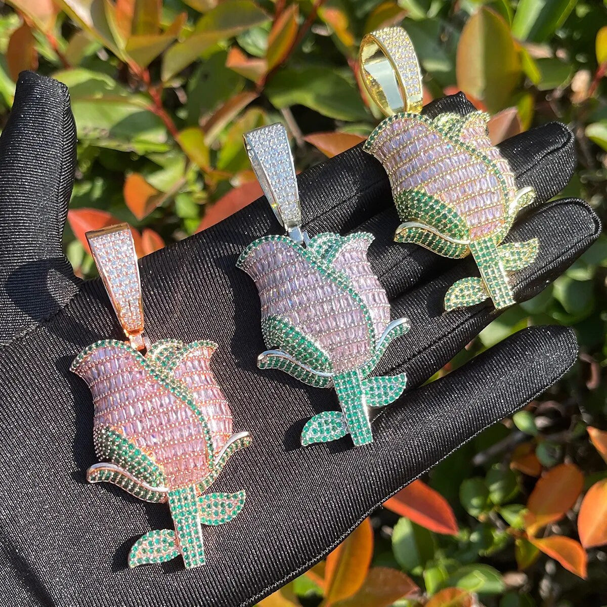 Beautifully Detailed Baguette & Round Stone Prong Set Rose Pendant Chain Necklace