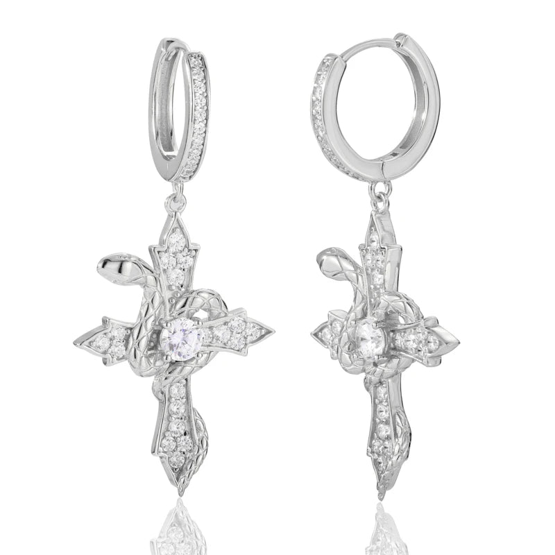 Serpent Arrow Cross | Iced Blinged Out Moissanite Diamond Huggie Dangle 925 Silver Earrings