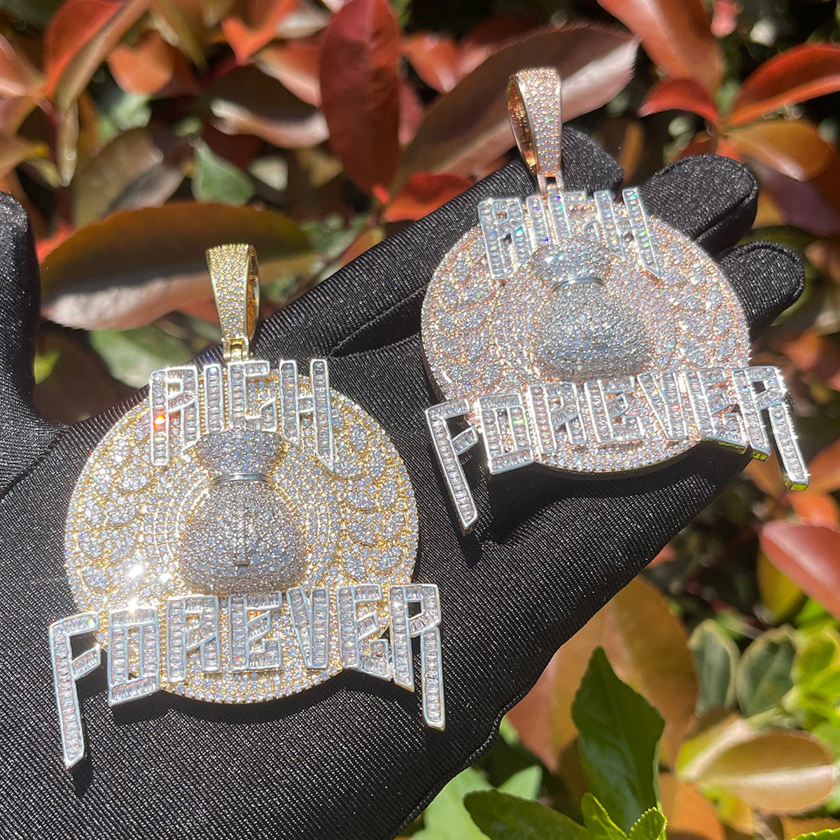 Mens Iced Blinged Out Rich Forever Nameplate Money Bag Hip Hop Pendant