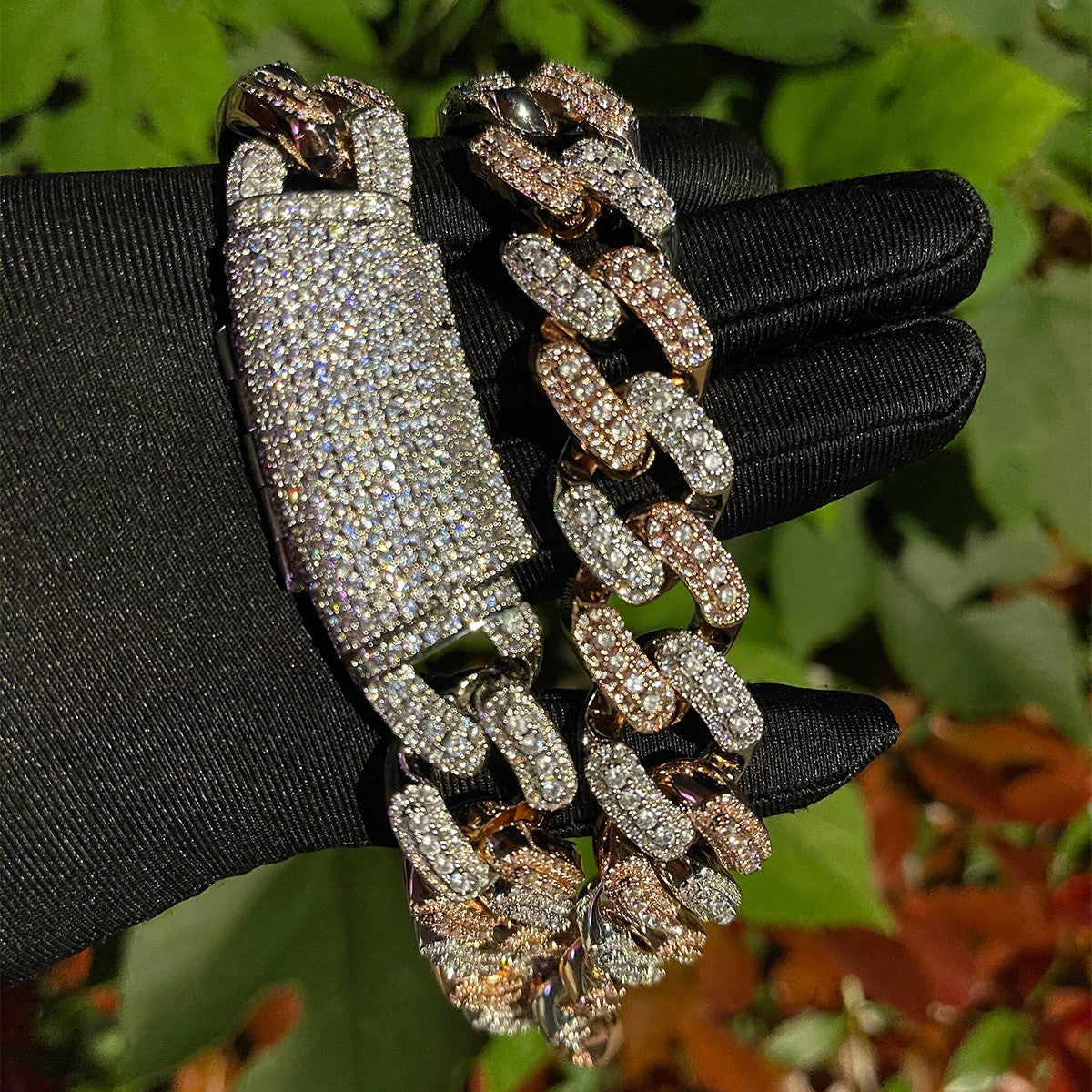 Mens Iced Blinged Out Rose Gold Silver Two Tone Hip Hop Chain Cuban Link Necklace