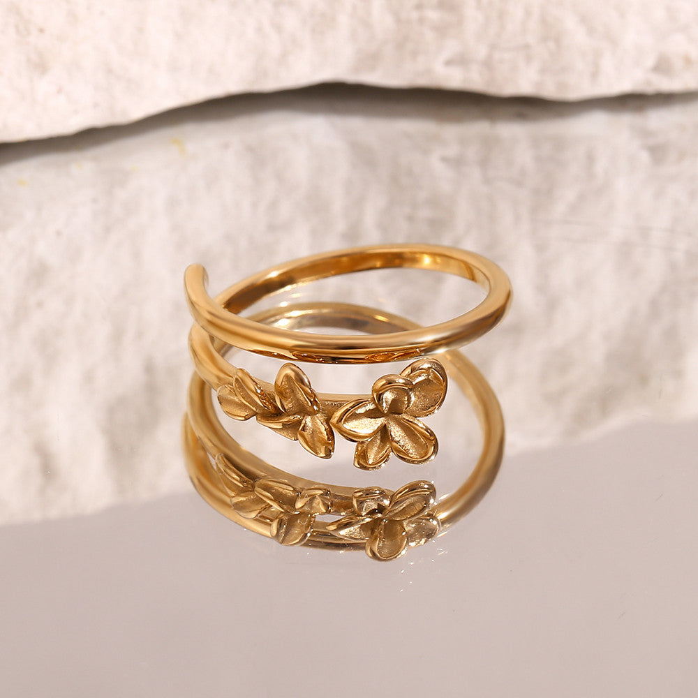 18k Gold Solid Stainless Steel Double Layered Three Flower Opening Adjustable Ring