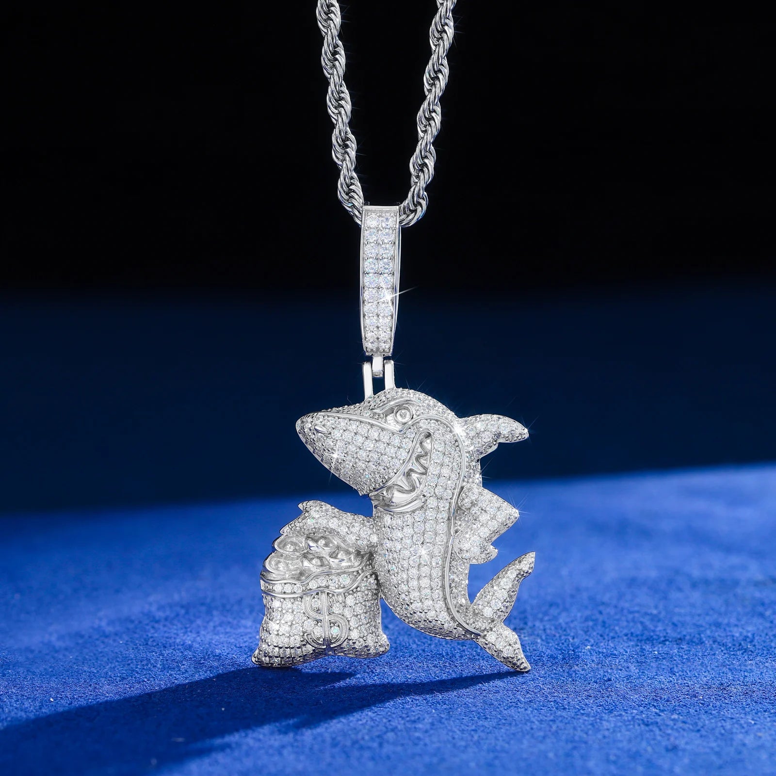 Hustler Shark | 925 Sterling Silver Iced Blinged Out Out Moissanite Shark Money Bag Pendant