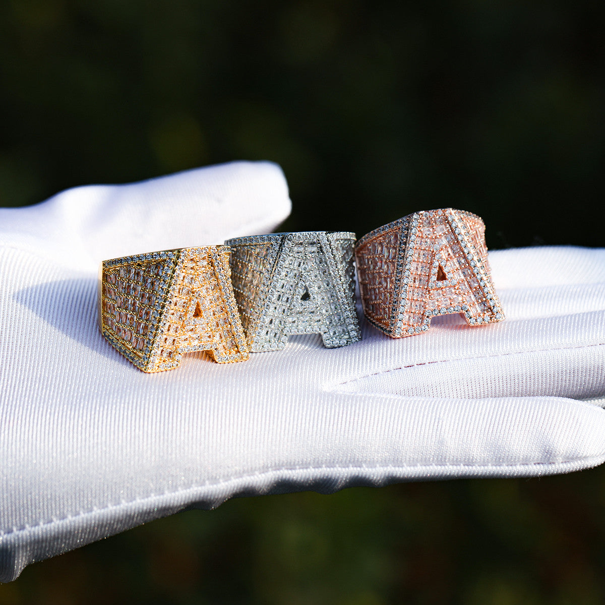 Flooded Ice Rose Gold Silver 24k Hip Hop Custom Initial Baguette Rings