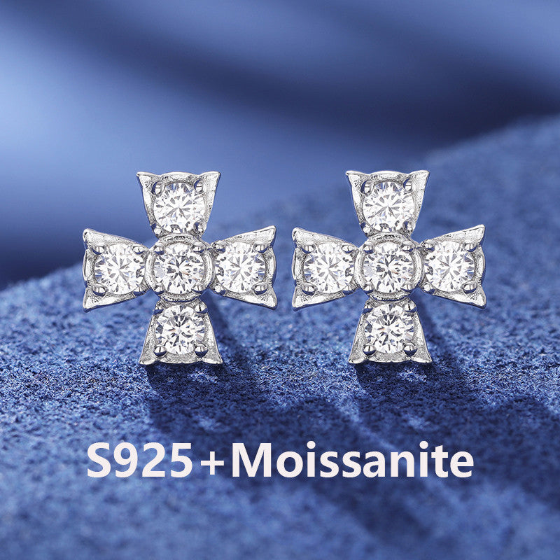 Radiant Cross Moissanite Diamond Solid 925 Sterling Silver White Gold Hip Hop Earrings