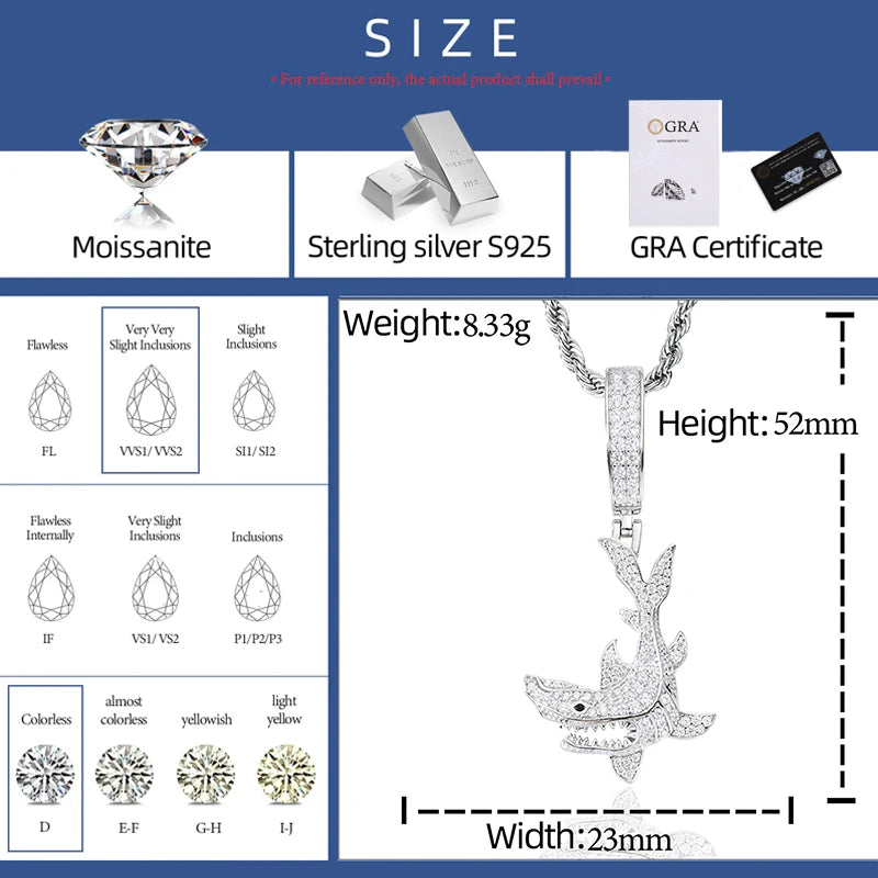 Shark Out Of Water | 925 Solid Silver Moissanite Diamond Shark Attack Hip Hop Pendant