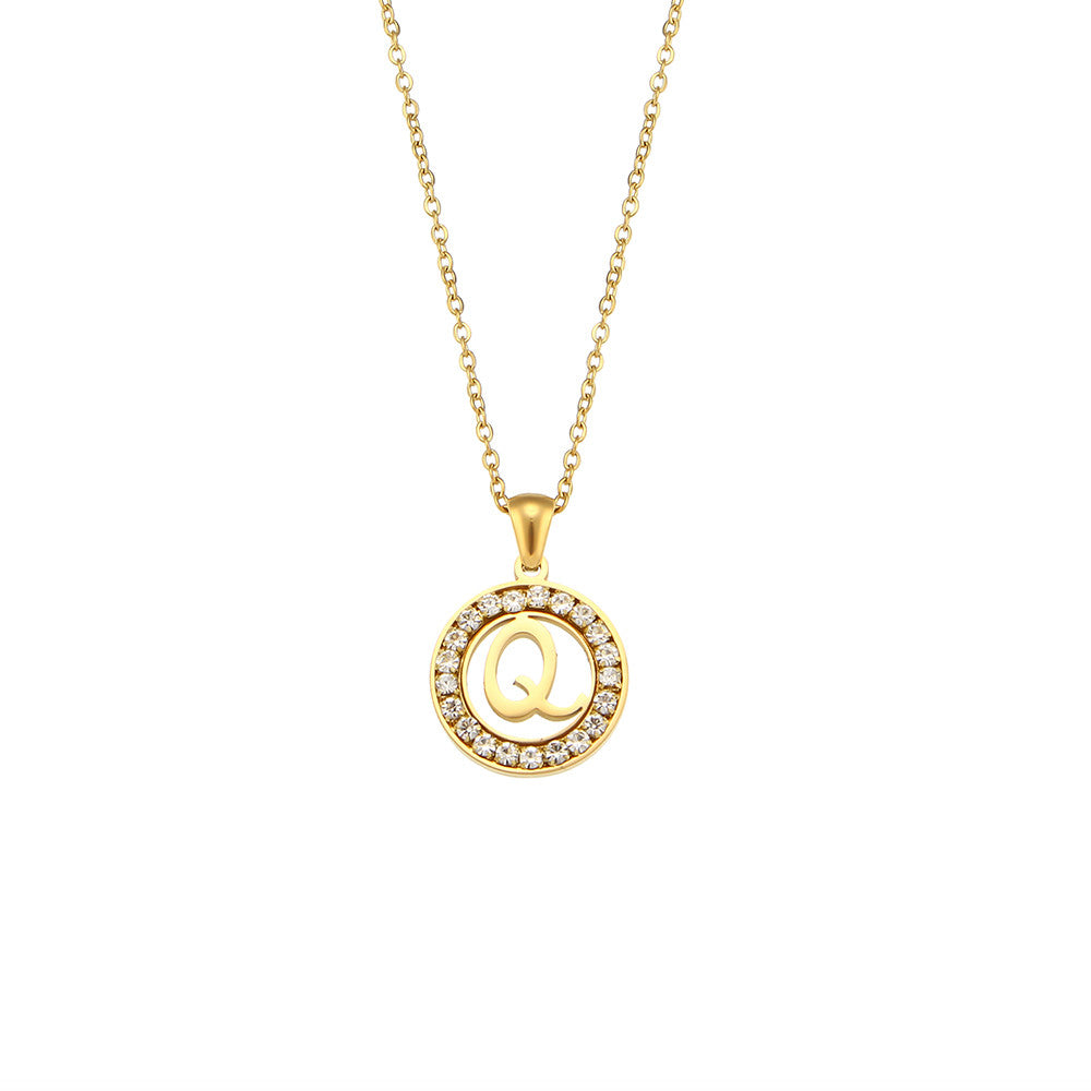 18k Gold Waterproof Hollow Round CZ Paved 26 Alphabet Initial Necklace