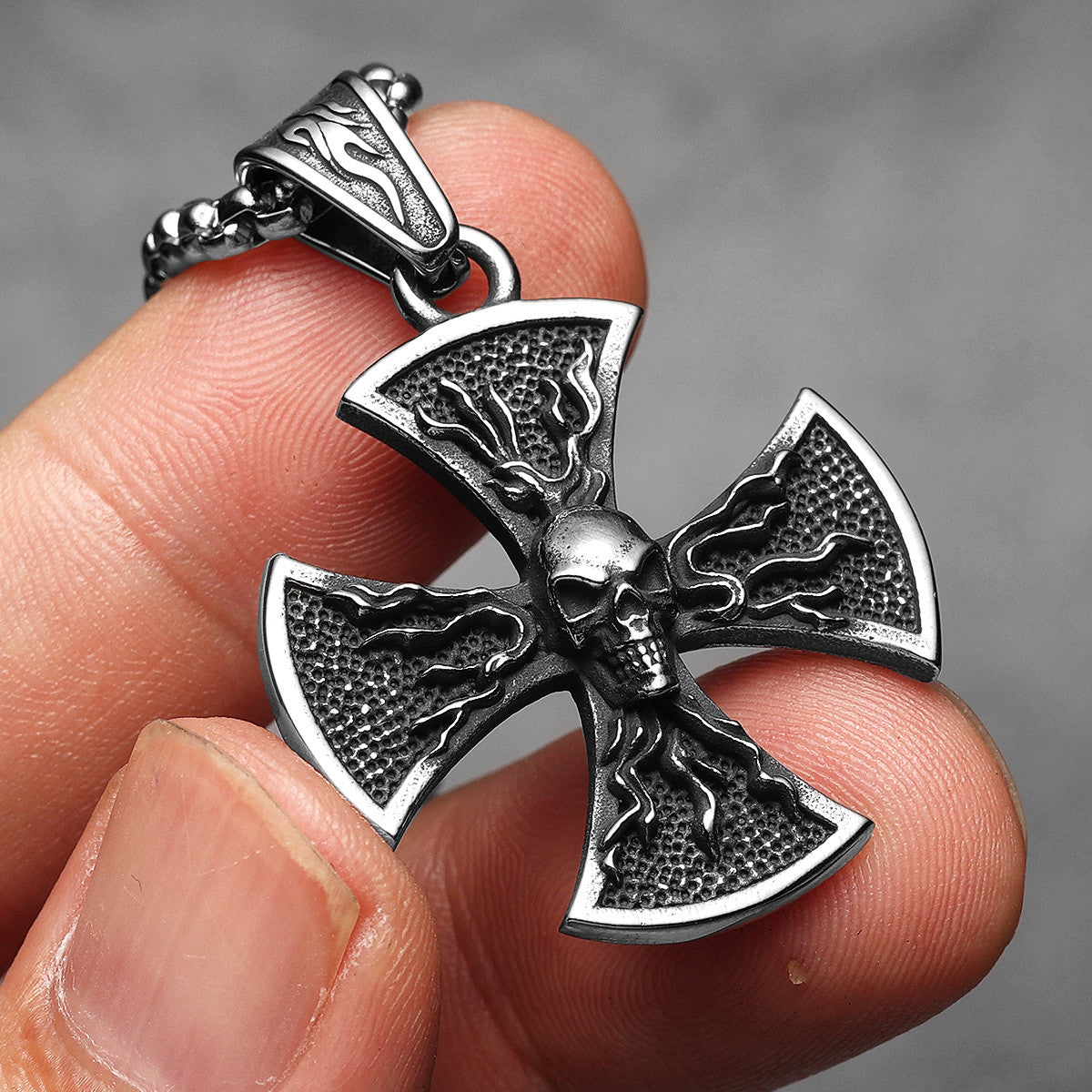 Flame Skull | Solid Stainless Steel Hip Hop Street Style Cross Pendant Chain Necklace