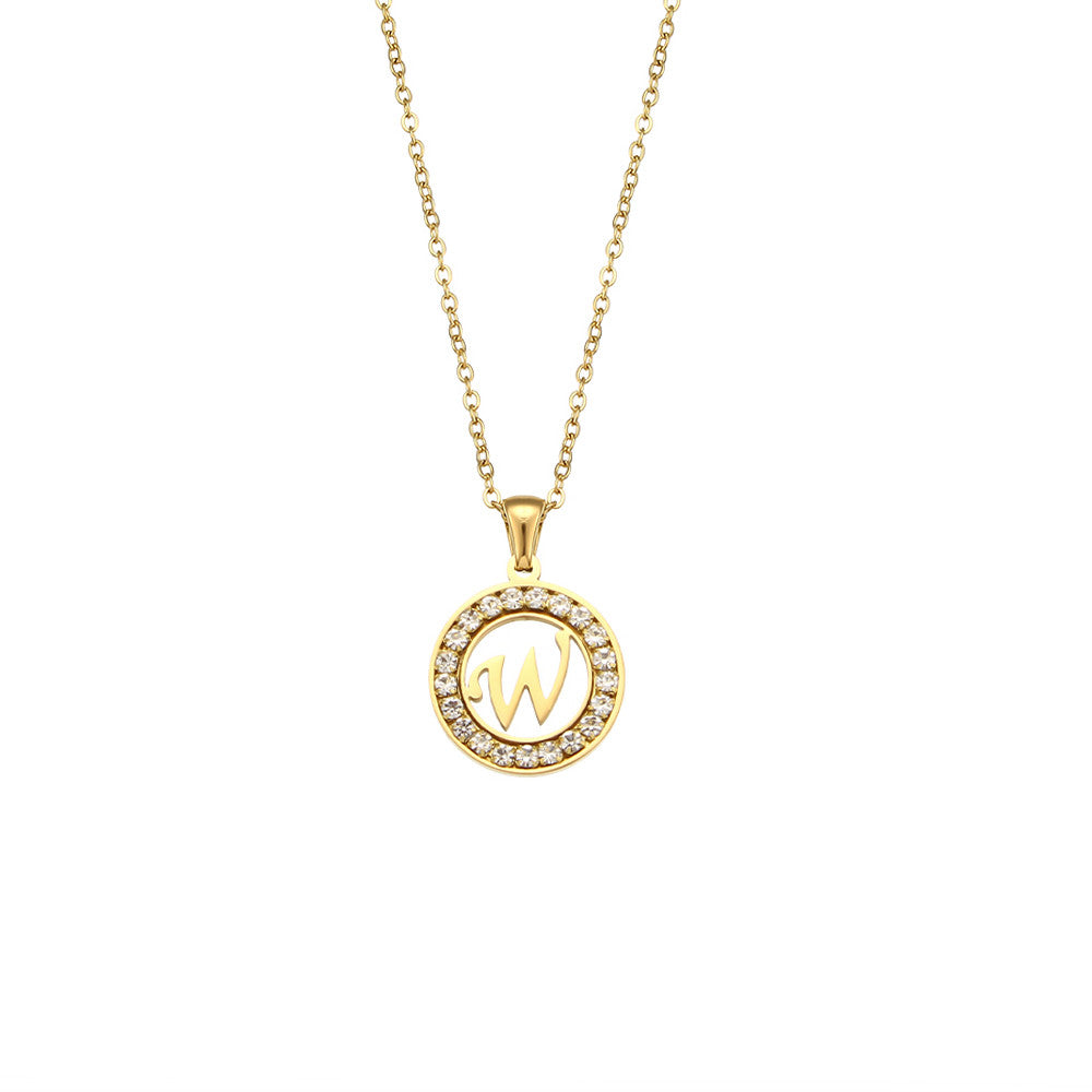 18k Gold Waterproof Hollow Round CZ Paved 26 Alphabet Initial Necklace