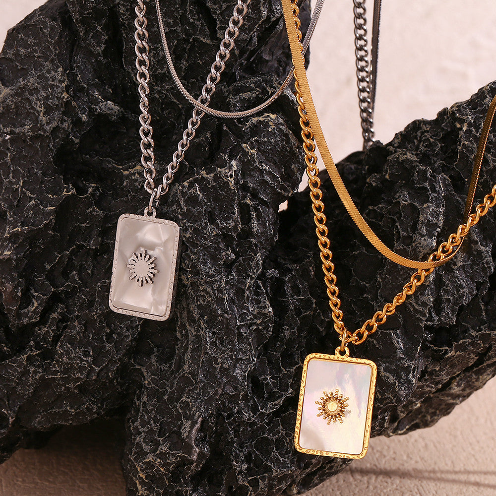 Double Layer Herringbone Twisted Chain Square Sun Ray Shell Sun Pendant Necklace